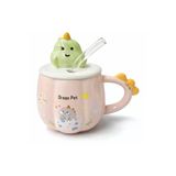 Coverzone Sevimli Dinozor Figürlü Kapaklı Seramik Mug 300Ml Kahve Kupası Kaşıklı Tasarım | Pembe Dinozor