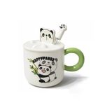 Coverzone Sevimli Happy Panda Figürlü Kapaklı Seramik Mug 300Ml Kahve Kupası Kaşıklı Tasarım | Happy Panda