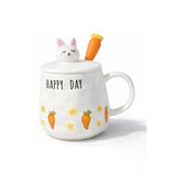 Coverzone Sevimli Happyday Havuç Kapaklı Seramik Mug 300Ml Kahve Kupası Kaşıklı Tasarım | Happyday Havuç
