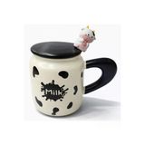 Coverzone Sevimli Milk Figürlü Kapaklı Seramik Mug 300Ml Kahve Kupası Kaşıklı Tasarım | Milk