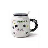Coverzone Sevimli Ormanda Panda Figürlü Kapaklı Seramik Mug 300Ml Kahve Kupası Kaşıklı Tasarım | Ormanda Panda