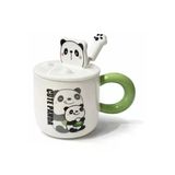 Coverzone Sevimli Yummy Panda Figürlü Kapaklı Seramik Mug 300Ml Kahve Kupası Kaşıklı Tasarım | Yummy Panda