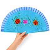 Coverzone Siyah Zeminli Katlanabilir El Yelpazesi Sarı Mavi Çiçek Desenli Ahşap Saplı Dekoratif El Yelpazesi 40x22 cm Geleneksel Tasarım (MAVİ, 40x22 cm)