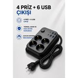 CoverZone Termal Akım Korumalı Uzatma Kablosu 4 Priz 4 USB 2 Type-C 2500W 10A Çocuk Korumalı Kısa Devre Korumalı Açma Kapama Düğmeli 2 Metre Kablolu Çoklu Priz | Model 3441 - Siyah