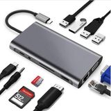 Coverzone Type-C To HDMI Adaptör 11 In 1 Dört USB 3.0 Bağlantı Noktası 4K HDMI VGA Type C PD USB3.0 RJ45 Ethernet SD TF Kart Okuyucu 3.5mm AUX MacBook Pro Air Uyumlu