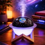 Coverzone Uzay Temalı Hava Nemlendirici Gece Lambası ve Yıldız Projektörlü Buhar Difüzör, 250ml Su Hazneli USB, Ahşap Standlı Masaüstü Aroma Difüzör Ortam Nem Dengeleyici | KF-8805