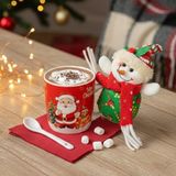 CoverZone Yılbaşı Hediyesi Noel Baba Figürlü Kupa Seti - Kaşıklı Seramik Kırmızı Kupa ve Peluş Noel Yılbaşı Hediyelik Eşya Takım