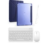 Covpor Apple iPad 7. 8. ve 9. NESİL Uyumlu 10.2 İNÇ Uyumlu Trifolding Kılıf+Klavye Mouse+Kalem LACİVERT