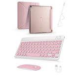 Covpor Apple iPad 7. 8. ve 9. NESİL Uyumlu 10.2 İNÇ Uyumlu Trifolding Kılıf+Klavye Mouse+Kalem Rose