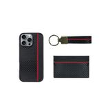 Covpor Kılıf+Anahtarlık+Kartvizit/Cüzdan PU Deri Karbon Dizayn Hazel Set Siyah iPhone 16 Pro Max ile uyumlu