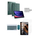 Covpor Samsung Galaxy Tab S10 FE+ Plus Origami Kılıf+Klavye Mouse+S Pen Yedek Uç+Ekran Koruyucu K.Yeşil