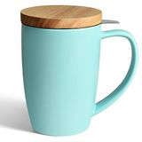 COYMOS Demlikli ve Kapaklı Seramik Çay Kupası, 473 ml Gevşek Yaprak Çay Fincanı Büyük Saplı Çay Kupası, Kadınlar ve Erkekler için Çay Sever Hediyeleri (Turkuaz)