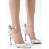 Craft Moda Kadın Stiletto Taşlı Bilekli Fiyonklu Topuklu Ayakkabı 8 cm - Gümüş