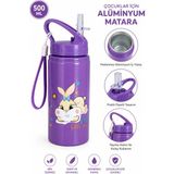 Craftivio 500 ml Pipetli Alüminyum Çocuk Su Matarası Sızdırmaz Kapaklı Askılı Okul Suluk - Mor