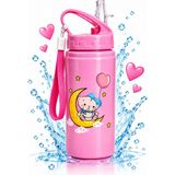 Craftivio 500 ml Pipetli Alüminyum Çocuk Su Matarası Sızdırmaz Kapaklı Askılı Okul Suluk - Pembe