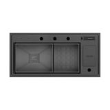 Crauf Lusso 1061 Diamond-Step Akıllı Evye 100 x 48 cm Füme, 304 Paslanmaz Çelik, Entegre Çöp Kovası, Kesme Tahtası, Kumandalı Sifon ve Sabunluk