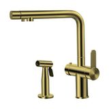 Crauf Lusso 4040 Station Pure Arıtma Çıkışlı Dual Flow Harici El Duşlu Spiralli Mutfak Evye Bataryası Pull-Down L Tipi İpeksi Altın