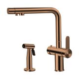Crauf Lusso 4040 Station Pure Arıtma Çıkışlı Dual Flow Harici El Duşlu Spiralli Mutfak Evye Bataryası Pull-Down L Tipi Royal Bronze Bakır