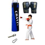 Crayz Çocuk Dolu Boks Kum Torbası Boks Eldiveni Set + Askı Aparatı 70X25Cm (Mavi Siyah)