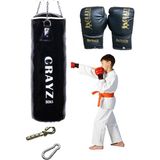 Crazy Çocuk Dolu Boks Kum Torbası 70cm x 25cm + Çocuk Boks Eldiven Seti + Askı Aparatı - Siyah