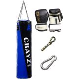 Crazy Orta Boy Dolu Boks Kum Torbası 100cm x 30cm + Boks Eldiven Seti + Askı Aparatı - Mavi - Siyah
