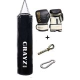 Crazy Orta Boy Siyah Boks Kum Torbası 100 cm x 30 cm + Boks Eldiven Seti + Askı Aparatı - Siyah - Beyaz