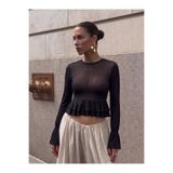 Cre İstanbul Kadın Uzun Kollu Bisiklet Yaka Volanlı Peplum Bluz