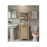 CREALISOL Doğal Bambu Kirli Çamaşır Sepeti ve 3 Raflı Banyo Düzenleyici Dolap Organizer