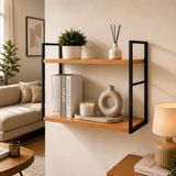 Create Handle Dekoratif Duvar Rafı 2 Katlı Kitaplık Metal Raf Ahşap Duvara Monte Modern Salon Ofis Mutfak Banyo Rafı