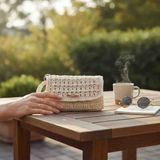 Creatif La Femme Krem Rengi Kağıt Ip Clutch El Örgüsü Çanta - 01-Krem