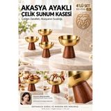 Creatividad Solutions 4 Lü - Mıdı - Akasya Ayaklı Çelik Dondurmalık Çerezlik Pasta Meyve Sunum Kasesi Ikramlık Seti 18/10 304 Çelik 723772