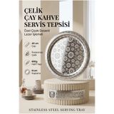 Creatividad Solutions Yuvarlak Sunum Tepsisi 40 cm - Paslanmaz Çelik Çiçek Desenli Lazer İşlemeli Çay Kahve Servis Tepsisi - Dayanıklı Parlak Çelik Tepsi 723319