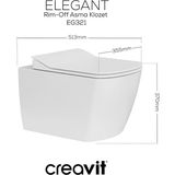 Creavit Elegant Beyaz Kanalsız Asma Klozet EG321, Creavit Elegant Duroplast Yavaş Kapak