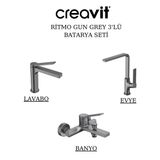 Creavit Ritmo Metalik Gri Lavabo-Banyo-Eviye Bataryası 3'Lü Set Rt1500gr-Rt2500gr-Rt8500gr