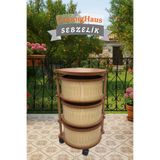 CremigHaus Ahşap Sebzelik Geleneksel Tasarım Yuvarlak Akça Desenli 3 x 5 kg Kapasiteli Hazır Gönderim