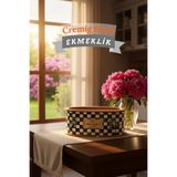 CremigHaus Geleneksel Tasarım Kapaklı Büyük Ekmeklik Oval Ahşap Ekmek Sepeti Dama Desenli