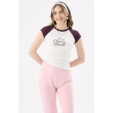 CrepTekstil Crep Kadın Cherry Bloom Baskılı Raglan Kol Asimetrik Kesim Crop Tişört Pamuk Ribana Ekru Mürdüm