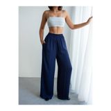 CrepTekstil Crep Kadın İpeksi Cupra Saten Geniş Paça Pantolon Lacivert – Beli Lastikli Rahat Fit
