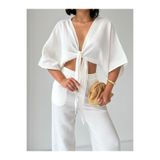 CrepTekstil Crep Kadın Müslin Bağlamalı Bluz – Yarasa Kol V Yaka %100 Pamuk Crop Yazlık Bluz Ekru