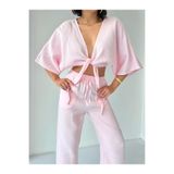CrepTekstil Crep Kadın Müslin Bağlamalı Bluz – Yarasa Kol V Yaka %100 Pamuk Crop Yazlık Bluz Pembe
