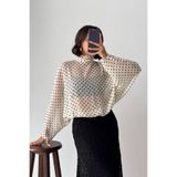 CrepTekstil Crep Kadın Puantiyeli Şifon Bluz Fular Yaka Balon Kollu