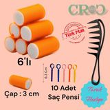 Croc 1224 Turuncu 6'lı Bigudi 3 cm +10'lu Saç Pensi Cırtlı Saç Bigudisi