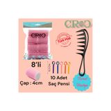 Croc Pembe Cırtlı Sünger Bigudi 8li Çap 4cm Yapışkanlı Saç Bigudisi (10lu Saç Pensli) (1207P)