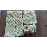 Crochet Design Yenidoğan Seti Battaniye Yelek Şapka Patik Soft Puffy Örgü Battaniye Seti C - Krem