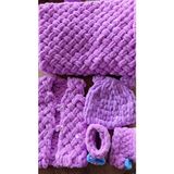 Crochet Design Yenidoğan Seti Battaniye Yelek Şapka Patik Soft Puffy Örgü Battaniye Seti C - Mor