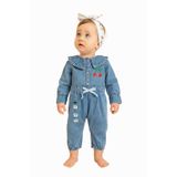 CROCODAYS Kız Çocuk Bebek Kot Tulum, Denim, 6-18 Ay, Uzun Kollu, Bandanalı Kiraz Aksesuarlı, Gömlek Yakalı, Düğmeli Kapama