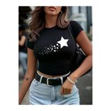 Crop Baby Tee Kadın Tişört Yıldız Baskılı Dar Kesim Basic Baby Tee %100 Pamuk Trend Üst