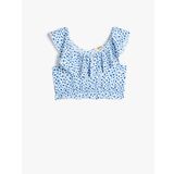 Crop Bluz Düşük Omuz Fırfırlı Çiçek Desenli
