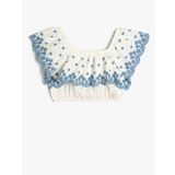 Crop Bluz Düşük Omuz Fırfırlı Katlı Floral Desenli Pamuklu