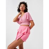 Crop Bluz V Yaka Pencere Detaylı Desenli